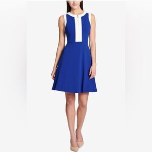 Tommy Hilfiger fit-and-flare blue white scuba crepe sleeveless dress Women’s 6